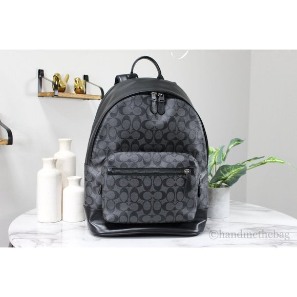 Coach Other - NEW Coach Men's West Large Backpack Charcoal Black Signature Coated Canvas NWT